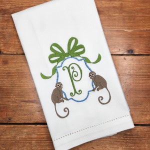 Grandmillenial Monkey Monogrammed Linen Hand Guest Towel, Huck Towel, Hemstitch Huck Towel with Bamboo and Ribbon Preppy. FREE SHIPPING!!