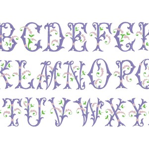 May include: A purple alphabet with decorative flourishes and pink and green floral accents.