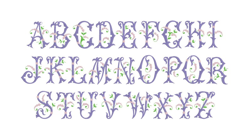 May include: A purple alphabet with decorative flourishes and pink and green floral accents.