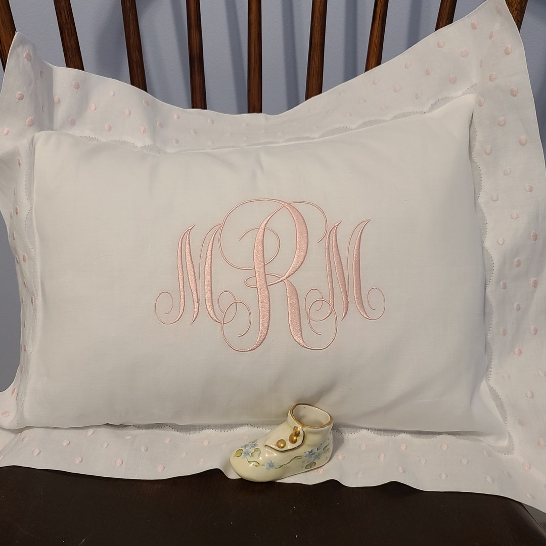 Monogrammed Baby Pillow With Dots and Replique Border. Boy or Girl