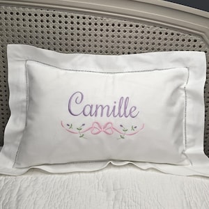 Monogrammed Hemstitched Baby Pillow with Ribbon and Flower Swash, Personalized Baby Name Pillow, Custom Nursery Gift, Custom Baby Room Decor