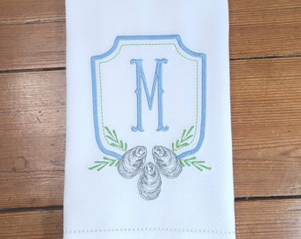 Beachy Hand Towel, Linen Hemstitch, Huck Towel, Hemstitch Huck Towel. Coastal Chic, Beach Hostess Gift, Monogrammed Guest Towel, Oysters
