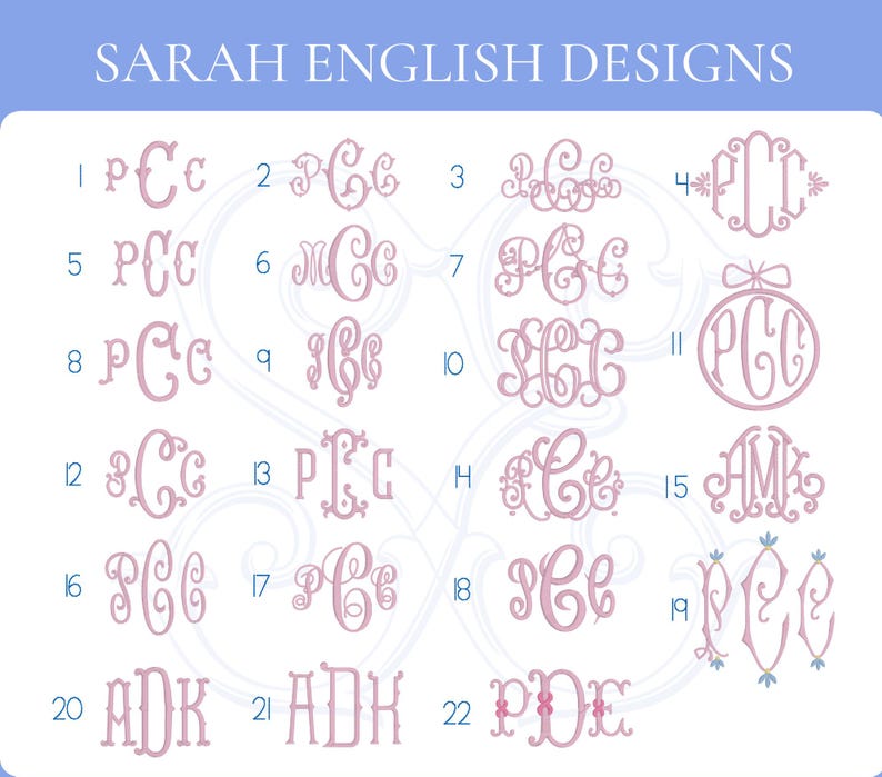 May include: A chart of 22 different monogram designs in pink, with numbers 1 through 22 next to each design. The designs include various letter combinations and styles, such as traditional, script, and floral.