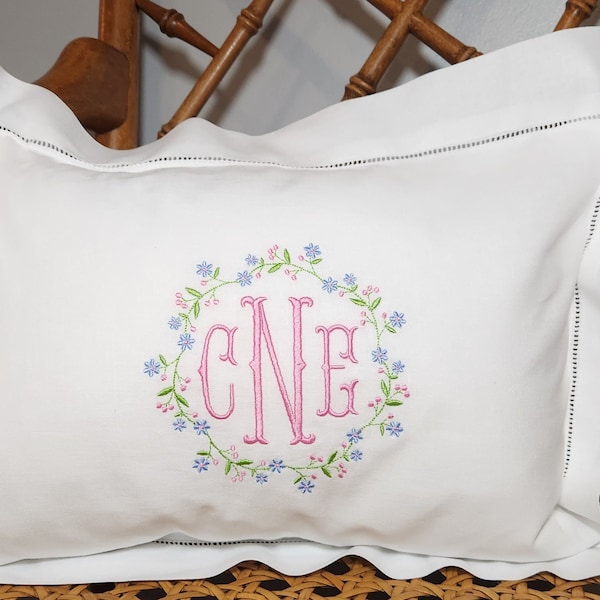 Monogrammed Hemstitched Baby Pillow with Wildflower Wreathy, Personalized Baby Name Pillow, Custom Nursery Gift, Custom Baby Room Decor