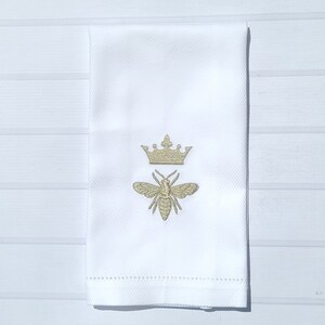 Embroidered Queen Bee Hemstitch Linen or Huck Hand Guest Towel, Floursack Kitchen Towel, Huck Towel, Hemstitch Huck Towel. FREE SHIPPING!