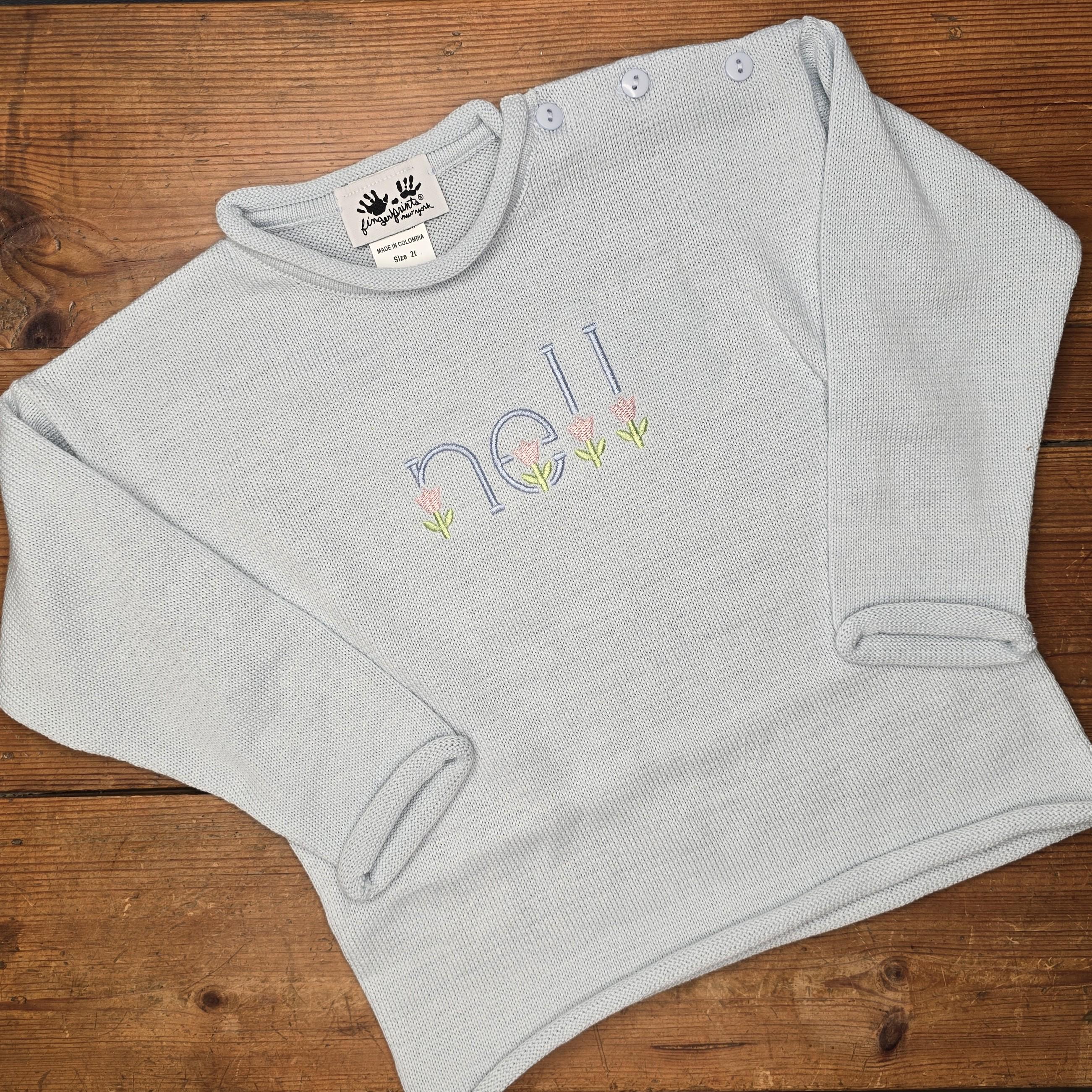 Monogrammed Roll Neck Pullover Sweater with Flowers, Personalized Toddler Pullover, Embroidered Baby Name Sweater, Sizes from 3 Mos to 8 Yrs