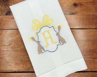 Grandmillenial Rabbit Monogrammed Linen Hand Guest Towel, Huck Towel, Hemstitch Huck Towel with Bamboo and Ribbon Preppy. FREE SHIPPING!!