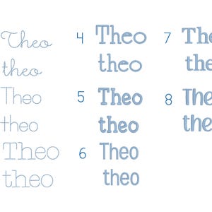 May include: A white background displays the name "Theo" in eight different blue fonts. Each instance of "Theo" is paired with the lowercase word "theo" below it. The fonts vary from cursive to block letters.