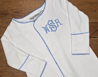 Monogrammed Baby Gown, Monogrammed Baby Footie, Coming Home from Hospital Outfit, Customized Baby Shower Gift, Picot Trimmed, Boy or Girl