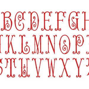 May include: A red alphabet with decorative flourishes. The letters are in a traditional font style with swirls and curls.
