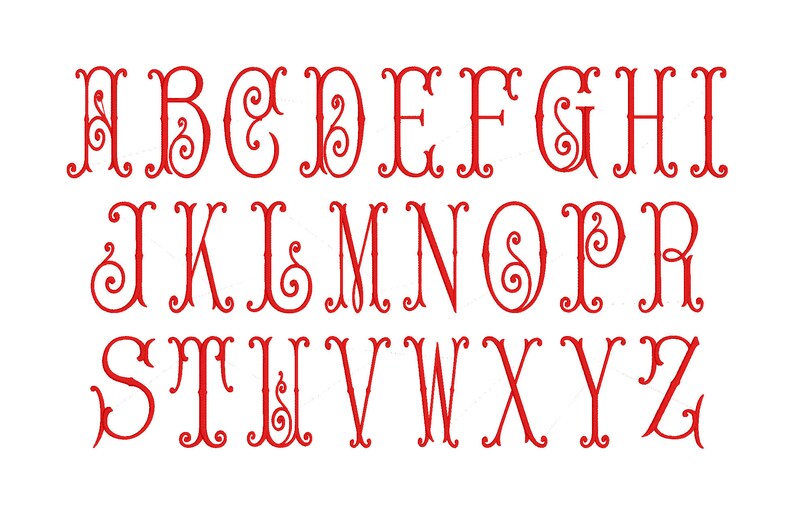 May include: A red alphabet with decorative flourishes. The letters are in a traditional font style with swirls and curls.