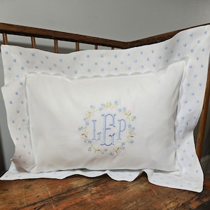 Monogrammed Hemstitched Baby Pillow with Wildflower Wreathy, Personalized Baby Name Pillow, Custom Nursery Gift, Custom Baby Room Decor