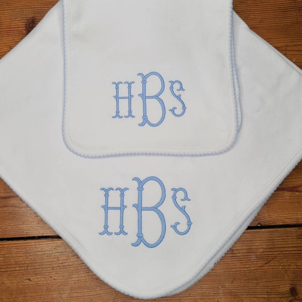 Monogrammed Picot Edge Cotton Knit Baby Blanket Blue Pink or White edging for girls and boys Perfect Baby Shower Gift