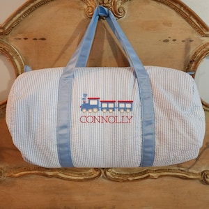 Monogrammed Seersucker Duffle, Personalized Seersucker Duffel, Custom Seersucker Bag, Monogrammed Baby Gift, Train, Sailboats, Golf Duffle