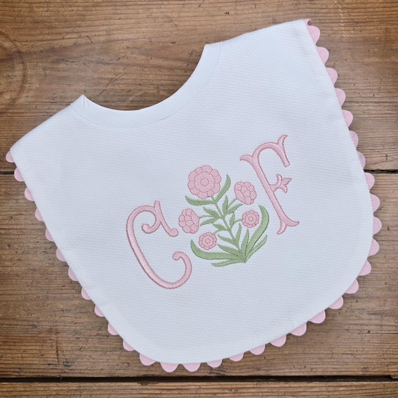 Monogrammed White Cotton Pique Bib with Ric Rac Trim and Block Print Flower Embroidery, Beautiful Bespoke Baby Gift! image 1