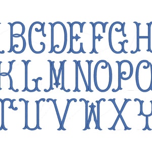 May include: A blue alphabet with decorative flourishes. The letters are in a traditional font style.