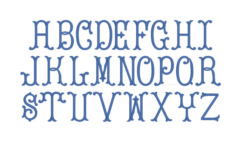 May include: A blue alphabet with decorative flourishes. The letters are in a traditional font style.