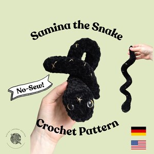 May include: A black crochet snake toy with gold star embroidery and large dark eyes. The text reads Samina the Snake, No-Sew!, and Crochet Pattern. The design features a coiled body and a separate wavy tail section, presented as a craft project.