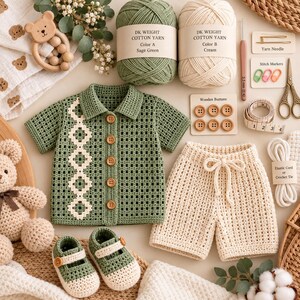 May include: A sage green crochet shirt with a cream geometric pattern, cream crochet shorts with a drawstring, and matching sage green and cream baby shoes. Includes yarn, wooden buttons, a crochet hook, scissors, and a measuring tape.