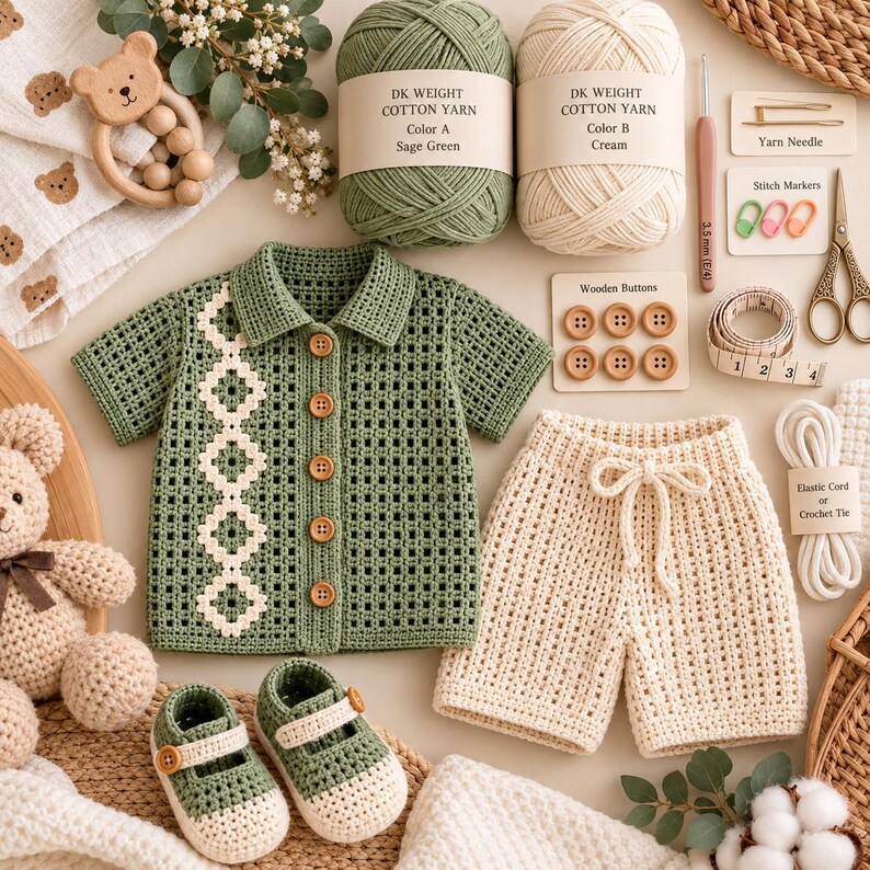 May include: A sage green crochet shirt with a cream geometric pattern, cream crochet shorts with a drawstring, and matching sage green and cream baby shoes. Includes yarn, wooden buttons, a crochet hook, scissors, and a measuring tape.