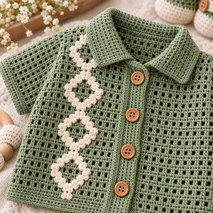 May include: A sage green crochet shirt featuring a grid-like openwork pattern, a classic collar, and four light brown wooden buttons. A vertical decorative strip of cream-colored crocheted diamond shapes runs down the front left side.