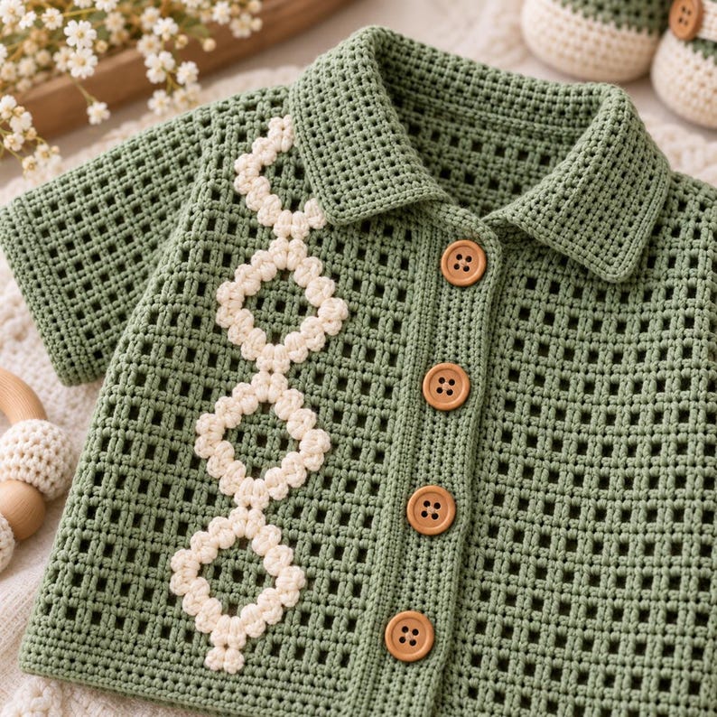 May include: A sage green crochet shirt featuring a grid-like openwork pattern, a classic collar, and four light brown wooden buttons. A vertical decorative strip of cream-colored crocheted diamond shapes runs down the front left side.