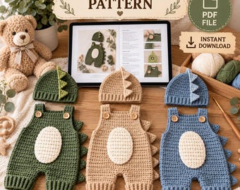 Baby Romper Crochet Pattern, Dinosaur Baby Outfit & Matching Hat PDF