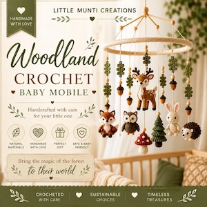 Mönster för virkad mobil för barn i skogsbruk i PDF-format, Amigurumi-dekorationer för skogsdjur