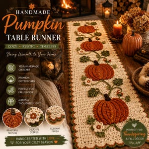 May include: A rectangular cream-colored crochet table runner featuring a repeating pattern of four orange pumpkins with green vines and small white flowers. The runner has a scalloped border and is displayed on a wooden surface with fall decor.