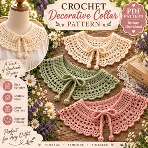 Crochet Collar Pattern PDF, Detachable Lace Collar with 3 Styles, Beginner Friendly