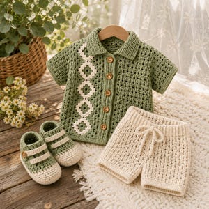 May include: A sage green crochet short-sleeve collared shirt with a vertical row of cream-colored floral motifs and five brown buttons, paired with cream-colored crochet shorts featuring a drawstring waist and matching sage green crochet booties.