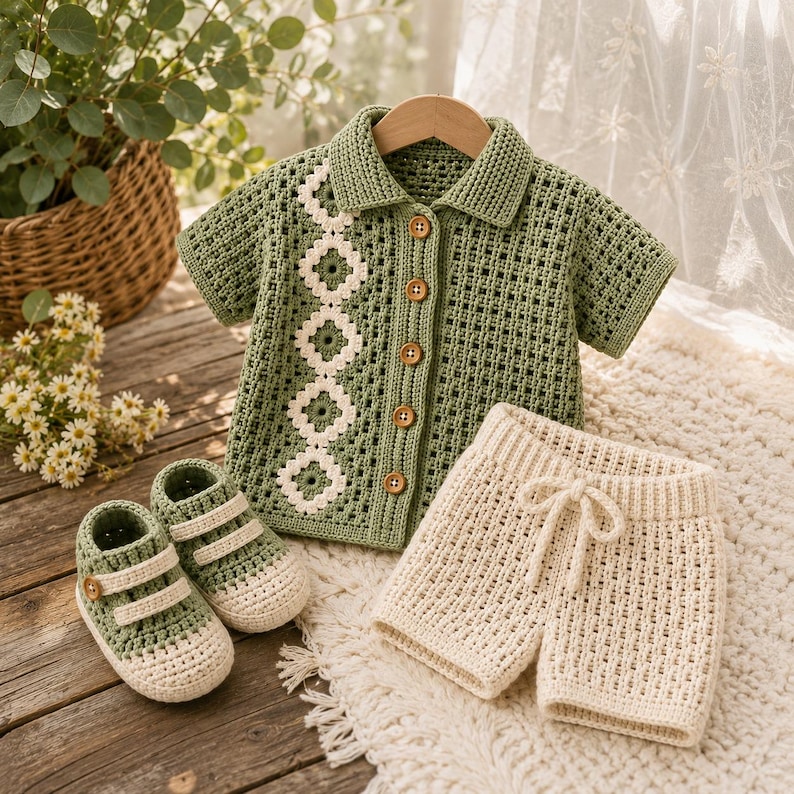 May include: A sage green crochet short-sleeve collared shirt with a vertical row of cream-colored floral motifs and five brown buttons, paired with cream-colored crochet shorts featuring a drawstring waist and matching sage green crochet booties.