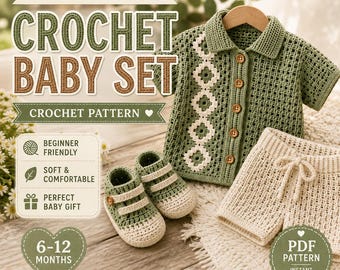 Crochet Baby Outfit Pattern PDF, Cardigan Shorts Hat & Booties, 6–12 Months