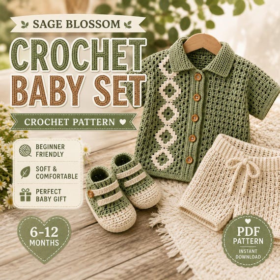 Crochet Baby Outfit Pattern PDF, Cardigan Shorts Hat & Booties, 6–12 Months