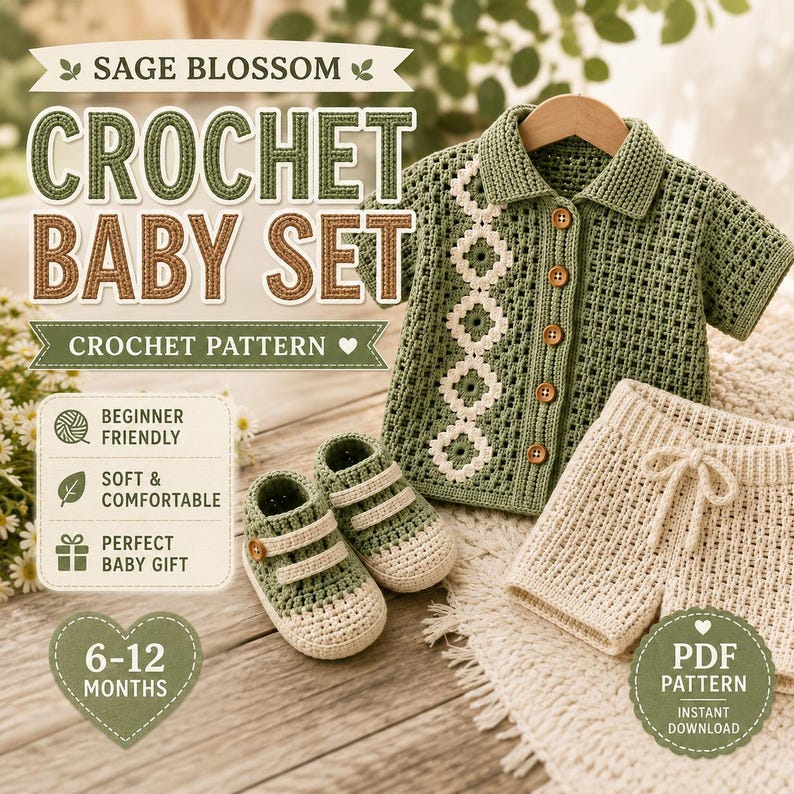 May include: A crochet baby set pattern featuring a sage green collared shirt with a white floral vertical stripe and wooden buttons, matching cream shorts with a drawstring, and two-tone sage and cream baby booties for 6-12 months.