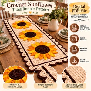 Puede incluir: Un patrón de ganchillo digital en PDF para un camino de mesa con tres girasoles grandes de centros marrón oscuro y pétalos amarillos. El camino tiene una base rectangular color crema y un borde festoneado marrón oscuro. Incluye texto.