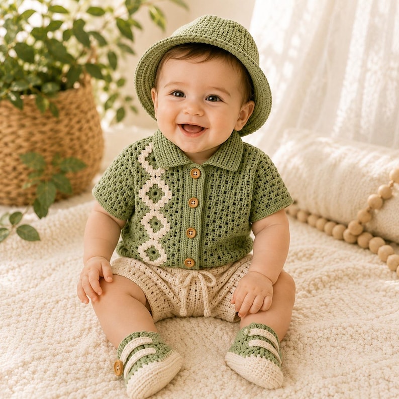 May include: A sage green crochet bucket hat, a short-sleeved collared shirt with a vertical white geometric pattern and four brown buttons, beige drawstring shorts, and matching sage green and white crochet booties with small brown buttons.