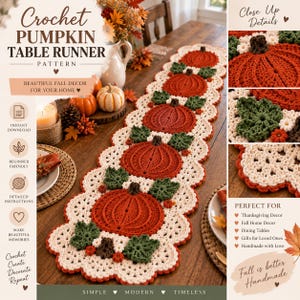 Puede incluir: Un camino de mesa de ganchillo con un patrón repetitivo de calabazas naranjas con tallos marrón oscuro y hojas verdes, bordeado por un borde festoneado de color crema. El diseño incluye el texto Crochet PUMPKIN TABLE RUNNER PATTERN.