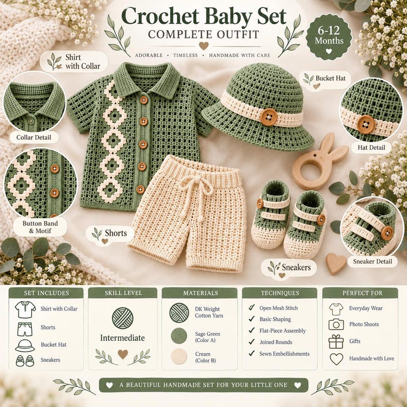 May include: A sage green and cream crochet baby set for 6-12 months, including a collared shirt with a cream motif, shorts with a drawstring, a bucket hat with a cream band and wooden button, and a pair of matching sneakers with wooden buttons.