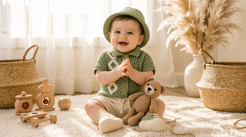 May include: A baby wearing a sage green crocheted bucket hat, a matching short-sleeved collared shirt with a white diamond pattern, and cream-colored knit shorts and booties. The baby is holding a small brown crocheted teddy bear toy.