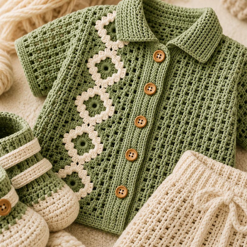 May include: A sage green crocheted short-sleeve collared shirt with a vertical row of white floral motifs, five brown wooden buttons, and a matching pair of sage green and white crocheted booties and a cream-colored drawstring skirt.