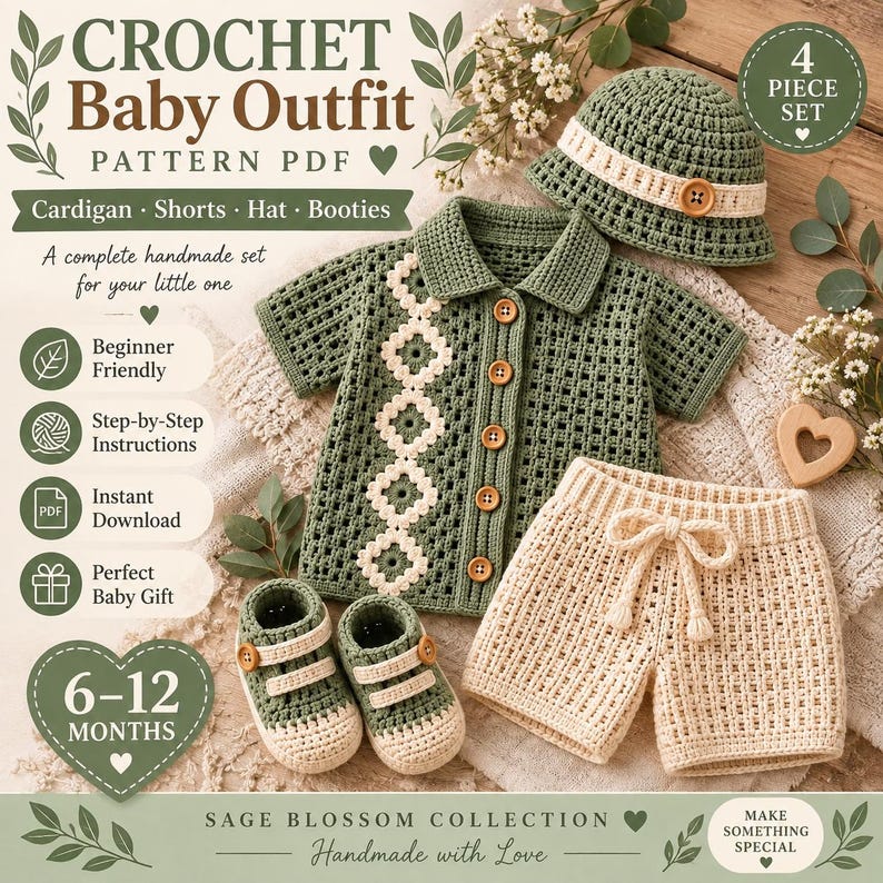 May include: A four-piece crochet baby outfit pattern PDF featuring a sage green cardigan with a cream floral-style vertical stripe and wooden buttons, cream shorts with a drawstring, a matching sage green hat, and two-tone sage and cream booties.