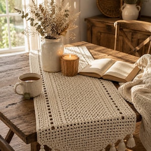 Puede incluir: Un camino de mesa de ganchillo color crema con un patrón geométrico, bordes calados y borlas decorativas en los extremos. El camino de mesa está colocado sobre una mesa de madera junto a una taza de cerámica, una vela y un libro abierto.