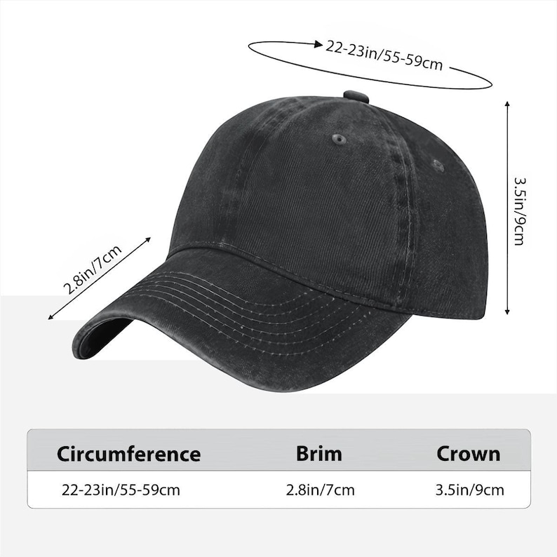 May include: A black baseball cap with a distressed finish, featuring a 2.8-inch brim, a 3.5-inch crown, and a circumference of 22-23 inches. The cap includes stitched detailing on the brim and a button at the top center of the crown.
