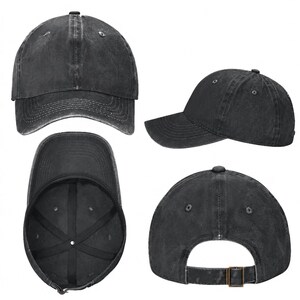 May include: A charcoal black baseball cap with a distressed, washed-out finish. The cap features a curved brim, six-panel construction with ventilation eyelets, and an adjustable strap at the back with a metallic buckle for a secure fit.