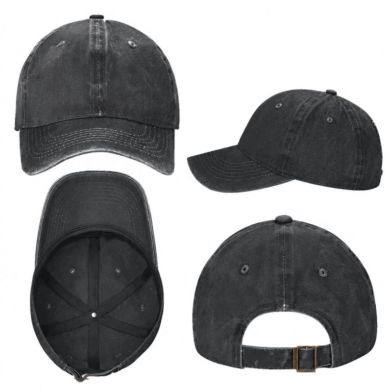 May include: A charcoal black baseball cap with a distressed, washed-out finish. The cap features a curved brim, six-panel construction with ventilation eyelets, and an adjustable strap at the back with a metallic buckle for a secure fit.