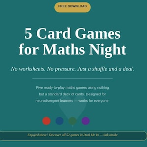 Op de afbeelding: Een groenblauwe digitale afbeelding met de tekst 5 Card Games for Maths Night, No worksheets. No pressure. Just a shuffle and a deal. Five ready-to-play maths games using nothing but a standard deck of cards. Designed for neurodivergent learners.