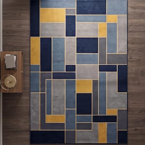 Alfombra geométrica moderna en azul, dorado, gris y amarillo con diseño de patchwork, ideal para salas de estar de estilo moderno de mediados de siglo. Alfombra grande de estilo escandinavo.