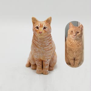 May include: A hand-painted orange tabby cat figurine in a seated position with detailed fur texture and amber eyes, displayed alongside a small oval photograph of a real orange tabby cat with similar markings and a focused expression.