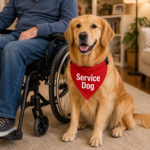 May include: A golden retriever dog sitting next to a wheelchair. The dog is wearing a red triangular bandana with the white text Service Dog printed on the front. The dog has long golden fur, a black nose, and an open mouth with a visible tongue.